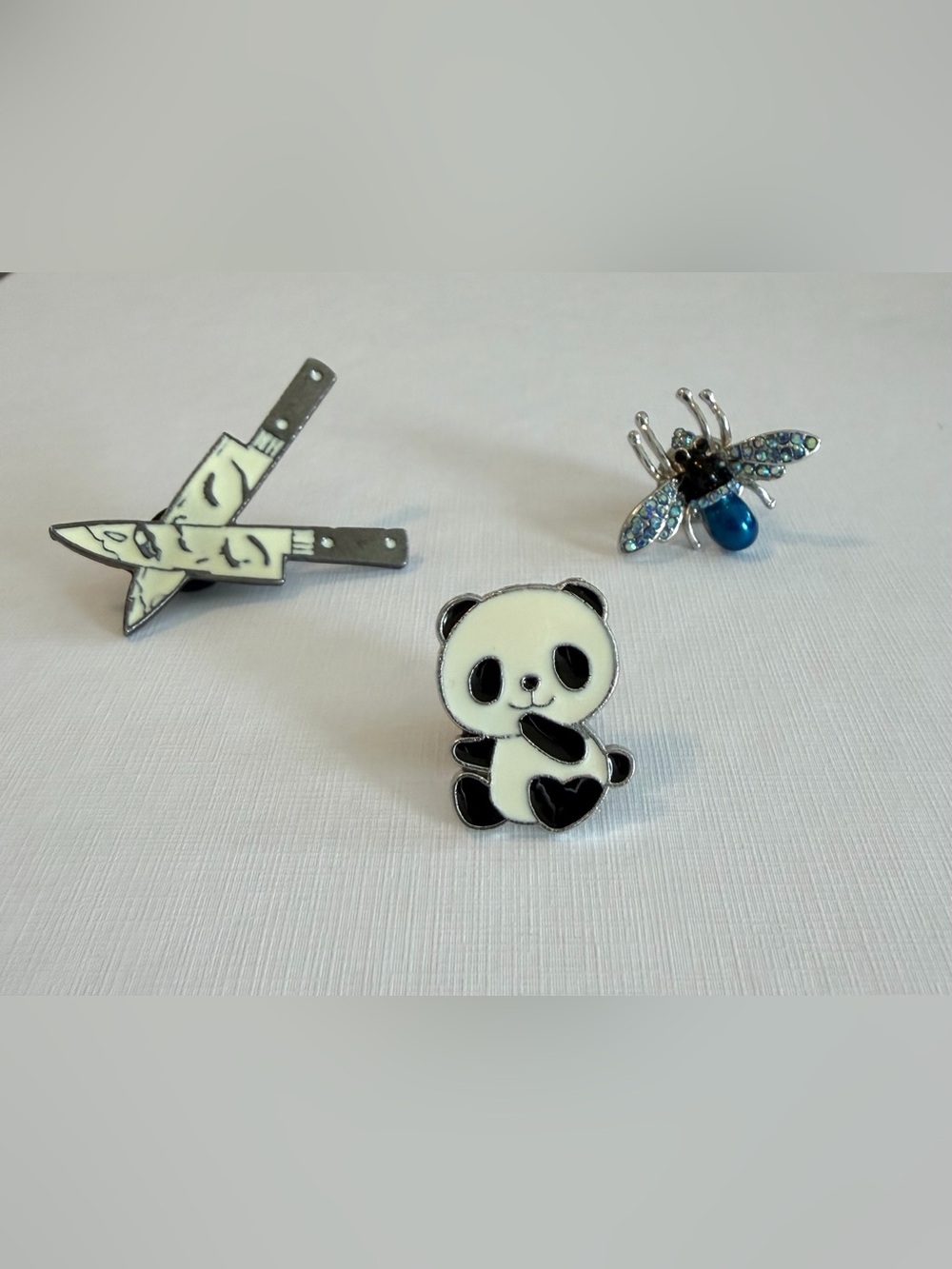 Lot of 3 Enamel Pins Panda Bee Crying Knife Brooch Pin Set Cute Novelty